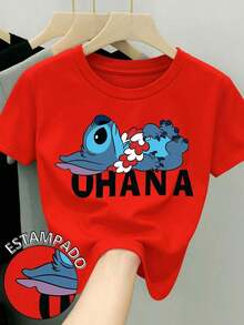 Women's 100% Cotton T-Shirt With Round Neck And Short Sleeves. Original Lilo & Stitch Movie Print. OhanaPure-Cotton - 紅色 - 查看 1