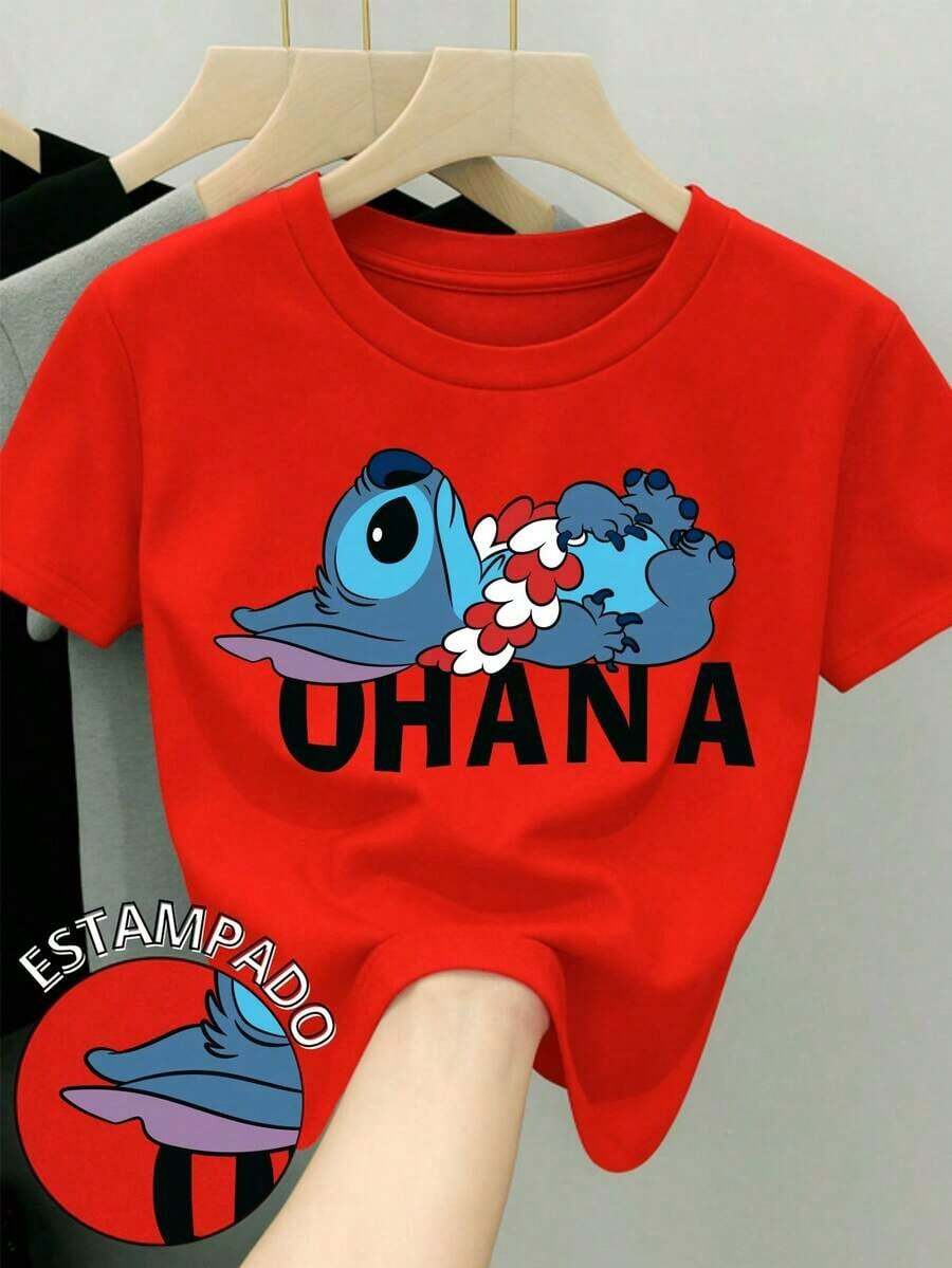 Women's 100% Cotton T-Shirt With Round Neck And Short Sleeves. Original Lilo & Stitch Movie Print. OhanaPure-Cotton - 紅色 - 查看 1
