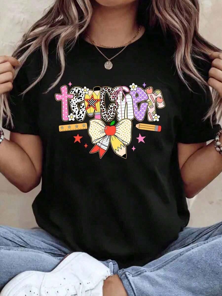 Women's Cotton T-Shirts With Cute Pattern Design For Teachers, Women's T-Shirt With Bow And Apple Print, Educational Themed Gift For Teacher's Day, Thank You To School Teachers, Basic Women's Blouses. - 黑色 - 查看 1