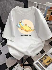 Women's Cotton Sleeping Dino T-Shirt, Graphic Print Tee, Comfortable Pure Cotton Casual Tee, Relaxed Fit With Snoring Dinosaur Design, Perfect Gift For Her, Loungewear For Home. Women's Basic Blouses - 白色 - 查看 2