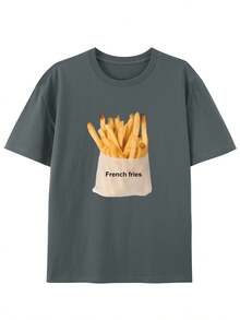 Men's Cotton T-Shirt With Vintage Style And Creative French Fries Print - Casual Round Neck, Short Sleeve For Summer - 灰色的 - 查看 1