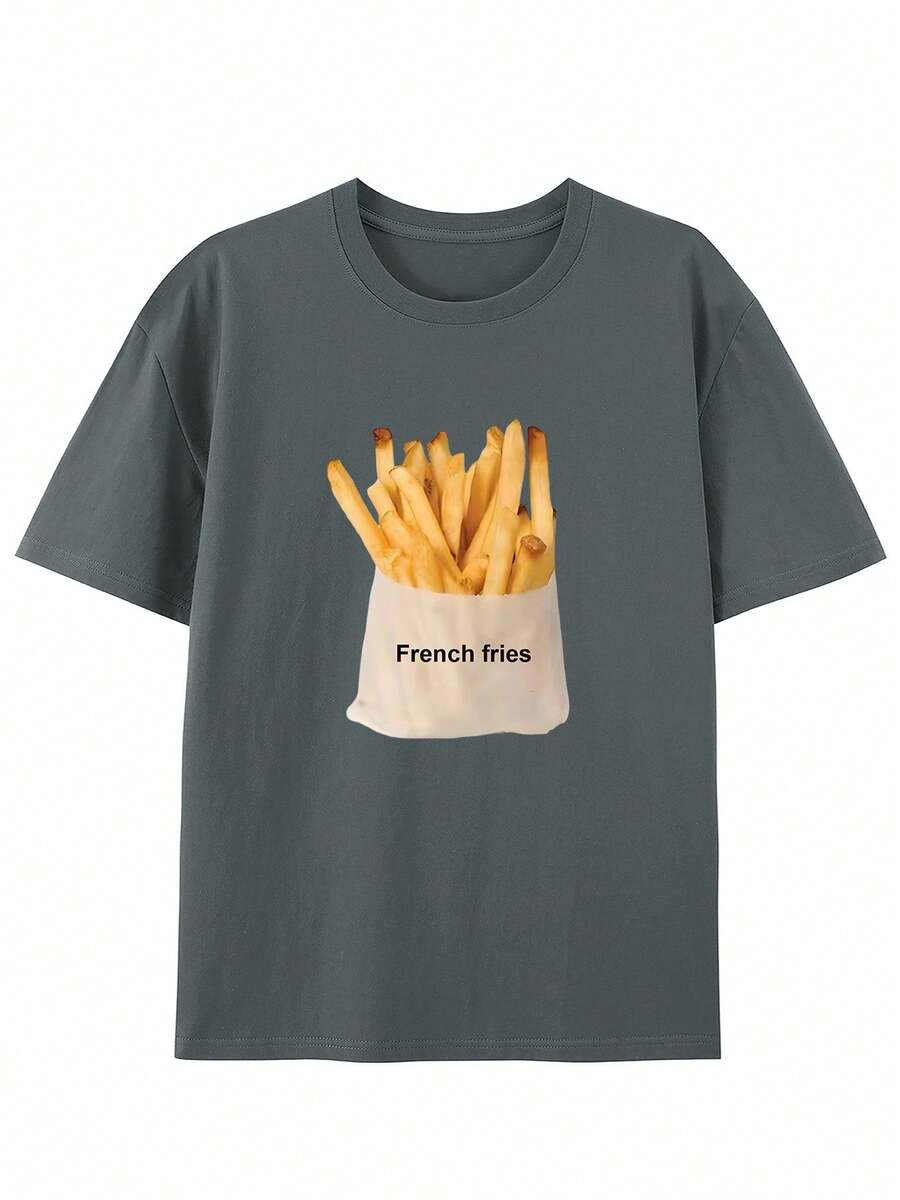 Men's Cotton T-Shirt With Vintage Style And Creative French Fries Print - Casual Round Neck, Short Sleeve For Summer - 灰色的 - 查看 1