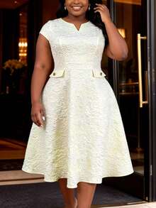 Plus Size Women's Apricot Jacquard A-Line Dress, V-Neck With Flutter Sleeves, Elegant Wedding Guest Evening Party Homecoming Dress New Style Fall - Apricot - View 4