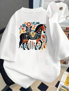 New 180g Short-Sleeved T-Shirt, 1% Cotton, With Front And Back Prints - Painted Horse, Scandinavian Style -  Printed T-Shirt For Women, Your Best Choice! - Suitable For Layering In Spring And Autumn, And For Wearing Alone In Summer, Unisex Style. - White - View 6