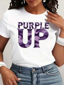 Plus Size Women's Casual T-Shirt | PURPLE UP, Purple Camouflage, Loose And Comfortable Fit, Round Neck, Printed, Suitable For Spring, Summer, Autumn, Machine Washable, Ideal For Halloween And Christmas Costumes - 白色 - 查看 7