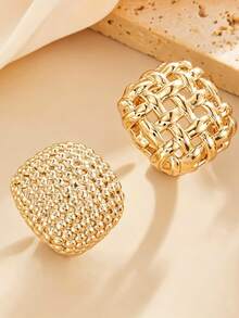 Bộ 2 chiếc nhẫn kim loại vuông dệt bất đối xứng thời trang mới, bộ nhẫn rỗng hình học, nhẫn đôi, quà tặng bạn thân. - Bộ nhẫn kim loại - Xem 2