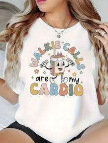 Women's Retro T-Shirt With Walkie-Talkie Print: "My Calls Are My Cardio Trainer" - T-Shirt For Teachers And Psychologists - 白色 - 查看 6