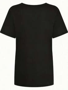 Camiseta holgada de gran tamaño con estampado "MOMS" para mujer - Tejido casual con cuello redondo, comodidad para todas las estaciones, top festivo para vacaciones, 1 pieza, 200 g/m², manga corta, camisetas para mujer, camiseta gráfica, camisetas gráficas para mujer, camiseta de verano, camiseta casual, camisetas de verano, tops, conjuntos de verano para mujer, camiseta casual cómoda de manga corta con cuello redondo, blusas elegantes para dama. - Negro - Ver 3