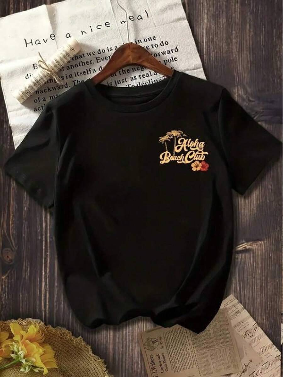 Oferta Especial: Camiseta negra con estampado tropical, estilo moderno, diseño divertido, suave al tacto, opción versátil, ideal para verano, uso diario, disponible en varias tallas y colores, moda masculina, casual.- Ropa de Moda Casual Suave y Transpirable para Diario - Negro - Ver 1