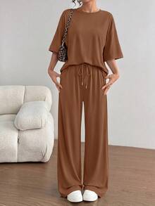 PRETTYGARDEN Women's Summer Clothes 2 Piece Sets Lounge For Short Sleeve Matching Airport Travel Outfits Casual Brown Vacation Summer Brunch Outfits For Women Mothers Day Outfit - 棕色 - 查看 1