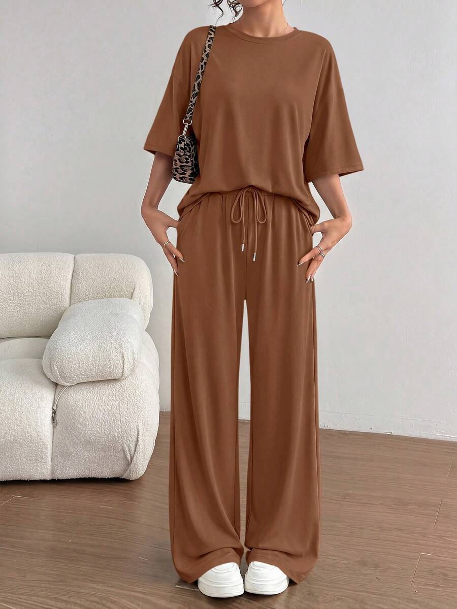 PRETTYGARDEN Women's Summer Clothes 2 Piece Sets Lounge For Short Sleeve Matching Airport Travel Outfits Casual Brown Vacation Summer Brunch Outfits For Women Mothers Day Outfit - 棕色 - 查看 1