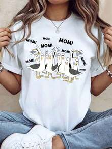 Funny T-Shirt For Mom With Ducks Saying "Mom", Nice Mother's Day Gift For Women, Casual Summer T-Shirt With Family Humor, 220g - 白色 - 查看 6