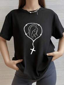 2026 New Cotton Shirt - NEW - Image Of The Virgin Surrounded By A Rosary With A Cross Symbolizing Faith, Hope, Love, And Divine Protection - Women's T-Shirt - 100% Soft And Comfortable Cotton - Vintage Street Style Unisex Loose Cotton Short Sleeve Crew Neck Shirt - 黑色 - 查看 1