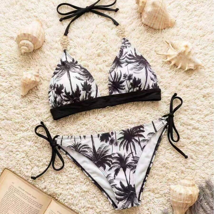Traje de baño de una pieza para mujer 2026 con cuello halter, tirantes ajustables, diseño sin espalda, ropa de baño de playa, de secado rápido para vacaciones - Negro - Ver 1