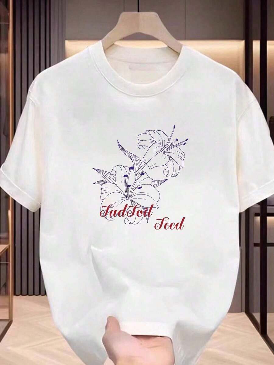 Camiseta de Hombre con Estampado Floral, Estilo Moderno, Manga Corta, Estilo Literario, para Uso Diario, Casual, para Parejas-Vintage Street Style Unisexoose Cotton Short Sleeve Crew Neck T-Shirt - Blanco - Ver 1