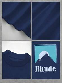 Premium Unisex Casual T-Shirts, Men's Graphic T-Shirt, Rhude 100% Cotton Casual T-Shirt - 藍色 - 查看 4