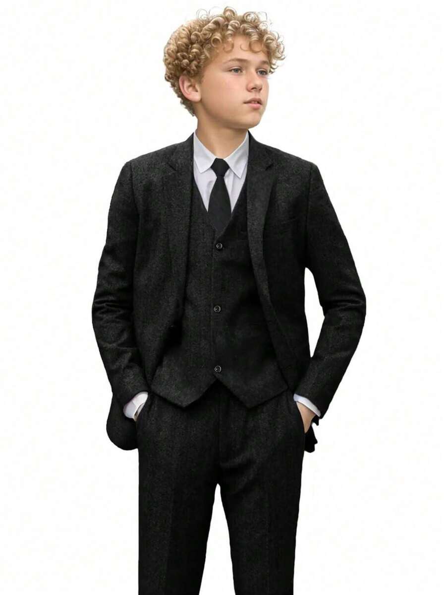 Boys 3-Piece Herringbone Twill Suit Set, Black, Suitable For Wedding, Birthday, School, Stage, Formal Occasions, 6-16 Years Old - Black - View 1