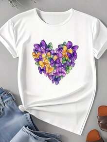Women's T-Shirt, Floral Heart Print, Spring/Summer Fashion, New Arrivals, Women's Clothing, Gifts For Women - 白色 - 查看 4