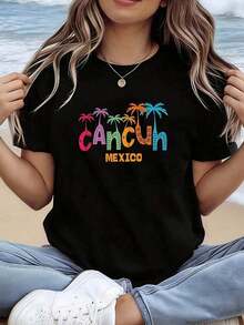 100% Cotton Vibrant Graphic Tee Cancun Vacation Style MEXICO - Women's Casual Short Sleeve Top, Fun And Full Of Energy, Perfect For Outings, Dates, Holiday Gifts And Get-Togethers. Women's Simple Solid Color T-Shirt, Loose And Slim Fit Casual Short Sleeve - 黑色 - 查看 6