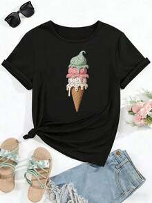 PremiumLoose Y2K Style Black Summer T-Shirt, Decorated With Ice Cream And Waffle Cone Patterns (With Chocolate Sauce Details) - Casual Short Sleeve Crew Neck Top With Brown Cone And Three Layers Of Pink-Green Ice Cream Design - Gift Idea - 黑色 - 查看 1