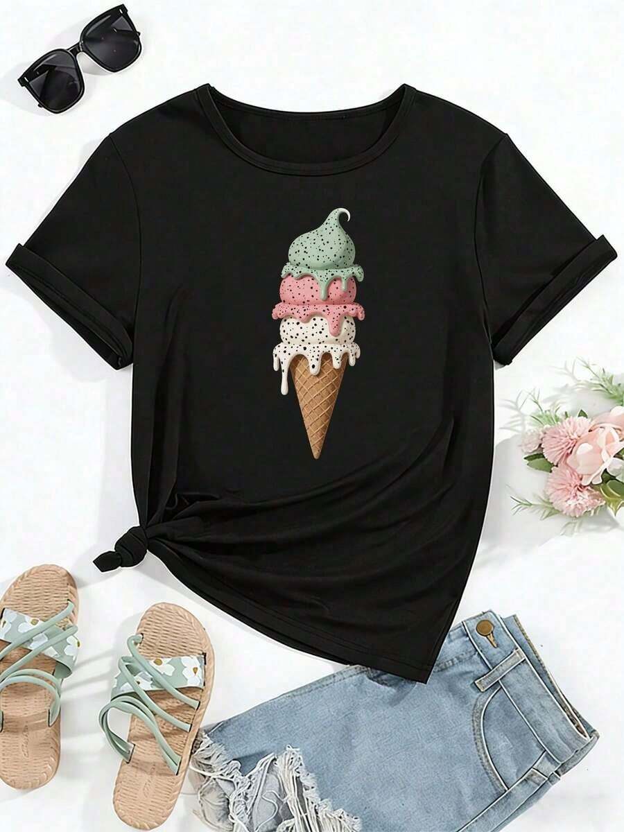 PremiumLoose Y2K Style Black Summer T-Shirt, Decorated With Ice Cream And Waffle Cone Patterns (With Chocolate Sauce Details) - Casual Short Sleeve Crew Neck Top With Brown Cone And Three Layers Of Pink-Green Ice Cream Design - Gift Idea - 黑色 - 查看 1