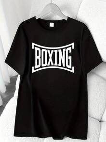 Women's High-Elasticity Boxing Print T-Shirt - 6 Color Options, Short Length, Round Neck, Casual Activewear, Machine Washable For All-Season Comfort, Sporty Style, Non-See-Through Material, Fitness Clothing, Basic Design, Breathable Fabric, Printed T-Shirt, Exclusively For Fitness Enthusiasts. Elegant Party Outfit, T-Shirt For Elegant Ladies, Blouses Suitable For Curvy Women, Casual Wear, Cool And Sweat-Free Summer Clothing, Fun Letter Print - 黑色 - 查看 6