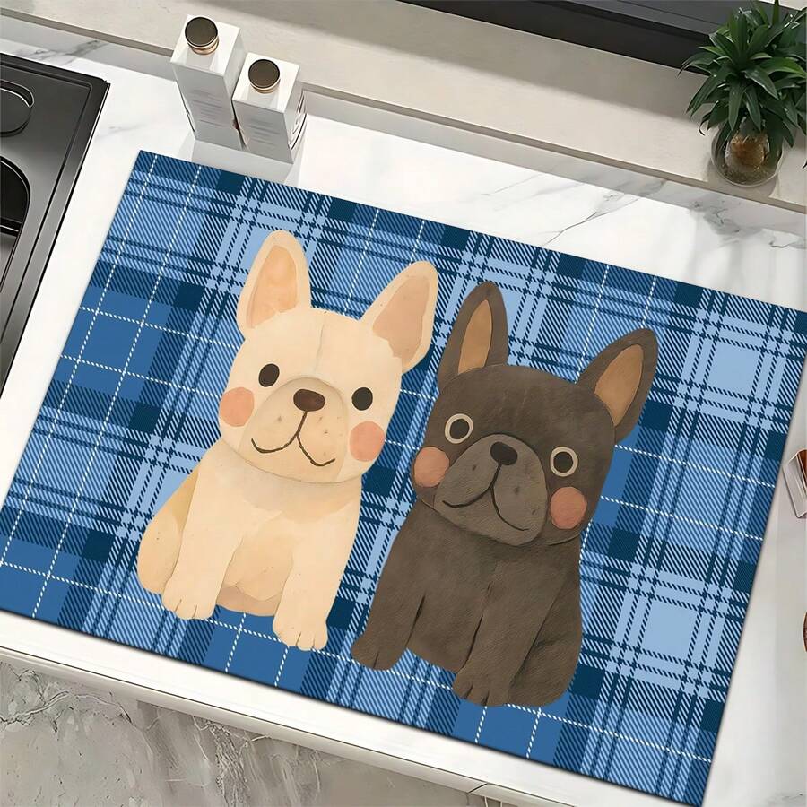 1pc Home Decor, Cute French Bulldog Pattern Absorbent Dish Drying Mat, Espresso Machine Countertop Pad, Sink Drain Mat, Soft Faucet Pad, Bathroom Cup Mat, Kitchen & Bathroom Accessories - Multicolor - View 1