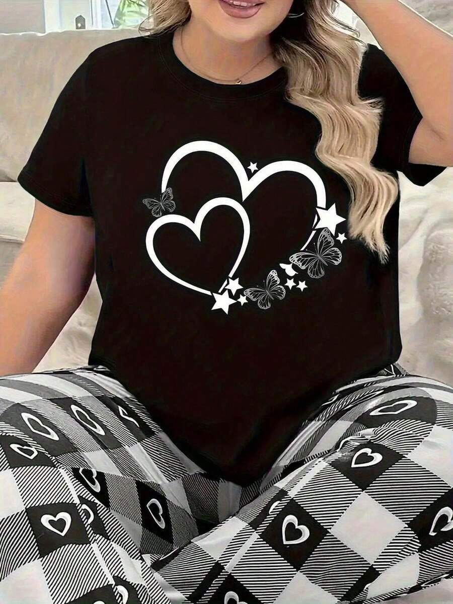 Camiseta Suave para Mujer con Estampado de Corazones, Mariposas y Estrellas - 100% Suave, Elástica, Transpirable, Opaca, Cuello Redondo, Manga Corta, Color Negro con Gráficos de Corazones y Estrellas Blancas, Uso Casual y Formal, Blusa para Uso Diario en Todas las Temporadas - Camiseta Gráfica de Manga Corta para Mujer, Camisetas para Mujer, Camiseta Gráfica, Camisetas Gráficas para Mujer, Camiseta de Verano, Camiseta Casual, Camisetas de Verano, Tops, Conjuntos de Verano para Mujer, Camiseta Casual de Manga Corta con Cuello Redondo Cómoda, blusas elegantes para dama. - Negro - Ver 1