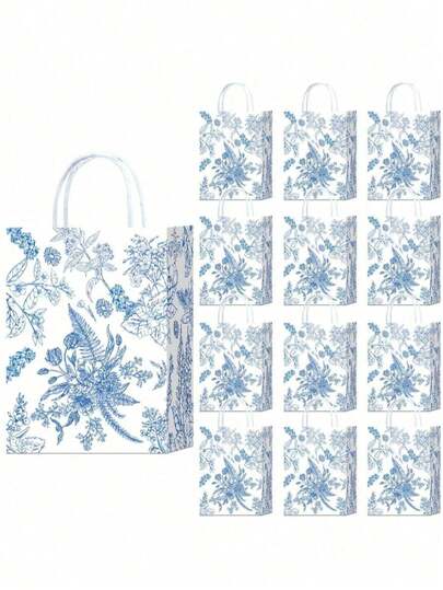 1-15pcs Elegant Blue & White Floral Pattern Gift Bags With Handles, Portable Paper Bags With Chinese Style Embroidery Decor, Suitable For Weddings, Birthday Parties, Theme Parties, Birthday Decorations, Picnics, Home Decor, Restaurant Decor