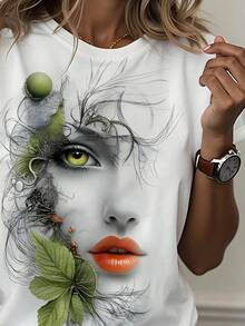 Women's Avant-Garde Art T-Shirt - Unique Plant Face Print With Green Leaves And Vines, Casual Short-Sleeved Crew Neck, Machine Washable, Stylish And Creative Design, Suitable For All Seasons. | Art Print T-Shirt | Durable - 白色 - 查看 7