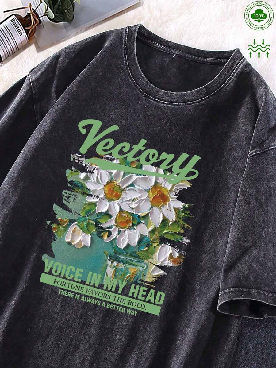 Women's & Men's Vintage T-Shirt 100% Cotton Loose Fit For Men And Women - Soft, Breathable Fabric With Distressed Effect, Casual Crew Neck, Suitable For Casual Wear And Layering, Machine Washable Solid Color T-Shirt - 黑色 - 查看 1