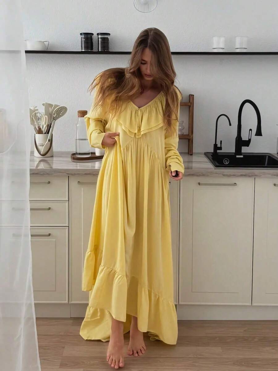 Vestido largo cuello V con volantes y manga acampanada, estilo vacacional primavera verano 2026 - Amarillo - Ver 1
