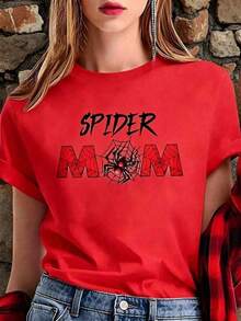 Short-Sleeve White T-Shirt With Funny Phrase "SPIDER MOM" And Red Spider, Dark Aesthetic Spiderweb T-Shirt, Casual Blouse Mother's Day Gift, Halloween Tops And Insect Print Cute Blouses 100% Cotton - 紅色的 - 查看 1