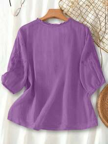 Blusa ligera y holgada de viscosa con bordado retro para mujer, para primavera y verano, casual, estilo campestre, tops de verano - Morado 2 - Ver 2