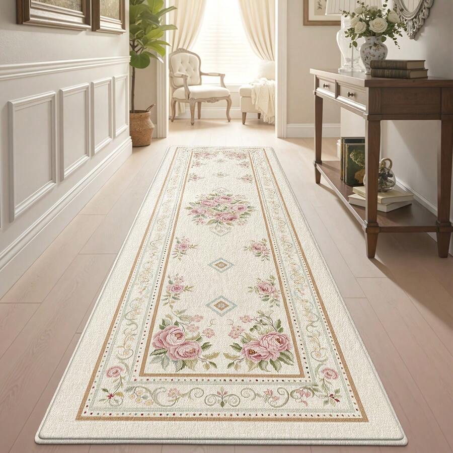 1pc Rose Pattern Runner Rug, Fresh Style Rug, Bohemian Rug, Hallway Long Rug, Rug, Runner Rug, Area Small Rug, Mat, Home Decor, Area Rug, Living Room Area Rug, Living Room Home Decor, Room Decor, Washable Rug, Room Decor Rug, Home Decor Rug, Sofa Seat Rug - Multicolor - View 1