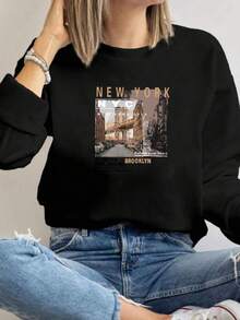 MSUCC|Women's Basic T-Shirt With Round Neck, Print, American Style, Modern And Youthful Design, Suitable For All Seasons And Daily Wear, With Soft Fabric|Black Sweatshirt With New York Cityscape Print - 黑色 - 查看 1
