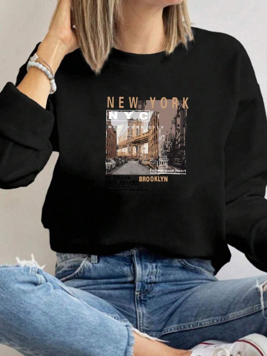 MSUCC|Women's Basic T-Shirt With Round Neck, Print, American Style, Modern And Youthful Design, Suitable For All Seasons And Daily Wear, With Soft Fabric|Black Sweatshirt With New York Cityscape Print - 黑色 - 查看 1