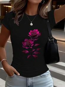Women's Casual Sports T-Shirt With Floral Rose Design In Pink - Black Short Sleeve T-Shirt, Elastic And Round Neck, Machine Washable, Comfortable Fit For All Seasons, Casual And Floral Style. - 黑色 - 查看 1