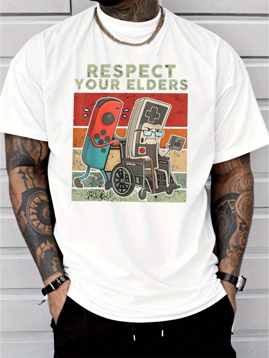 Men's Retro Fashion T-Shirt With Video Game Controller Print - Ideal For Casual Daily Wear And As A Gift For Adult Men - White - View 1