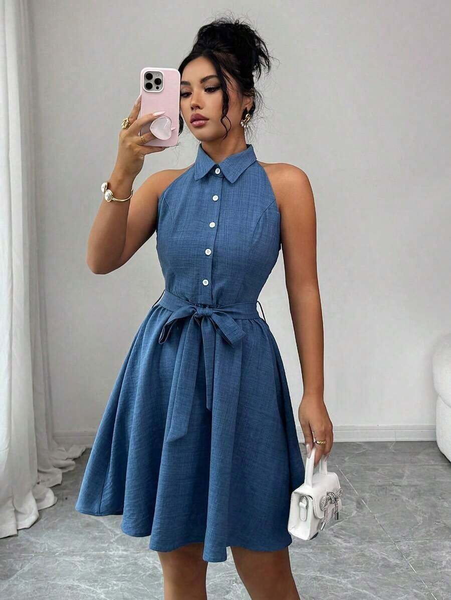 Elenzya Vestido de cuello de camisa sin mangas con tela de efecto lino de dos tonos y efecto de mezclilla, silueta en línea A, diseño elegante y romántico, adecuado para uso al aire libre - Azul lavado medio - Ver 1