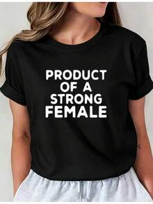Women's Casual Sports T-Shirt In Black With Bold White Text Design - Elastic Crew Neck T-Shirt, Machine Washable, Comfortable Fit And Suitable For All Seasons, For Leisure And Style. - 黑色 - 查看 6