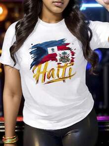 Women's T-Shirt With 100% Haitian Flag Print - Lightweight, Breathable, Round Neck, Short Sleeve, Slightly Stretchy, Suitable For All Seasons, Ideal For Outdoor Activities And As A Holiday Gift, Unisex Haitian T-Shirt, Suitable For Casual Daily Outings, Short Sleeve Summer Top, Retro Y2K Print T-Shirt. - 白色 - 查看 1
