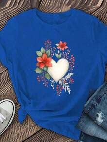 NewSummerCasual Blouses For Women: Women's Short Sleeve T-Shirt With Floral And Heart Print - Casual Crew Neck Blouse, Soft And Breathable, Ideal For Daily Wear, Loungewear And Spring-Summer Outfits - Machine Washable And Comfortable - Suitable For Spring, Summer And Autumn - Vintage Street Style Unisex Loose Cotton Short Sleeve Crew Neck T-Shirt - 藍色的 - 查看 2