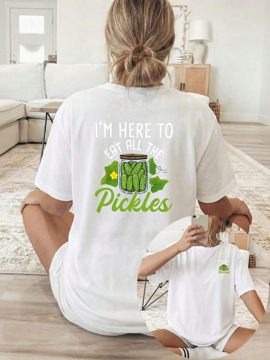 Women's Premium Printed Summer T-Shirt [Double-Sided Print], Short-Sleeve Crew Neck T-Shirt, Green Pickle And Text Print, Machine Washable, Suitable For Casual Wear, Multipurpose Clothing, Fashionable And Modern T-Shirt, Comfortable Material, For Style Enthusiasts. - 白色 - 查看 1