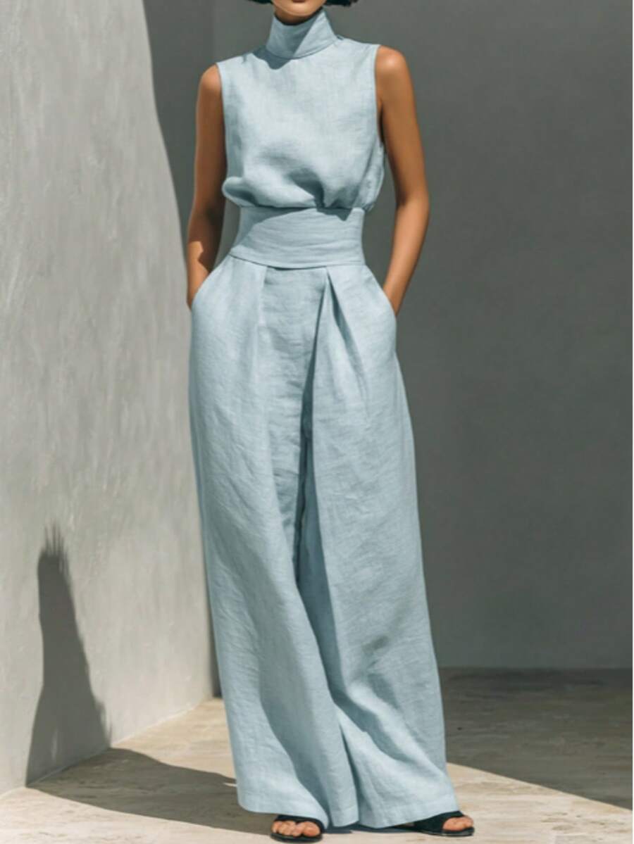 Linen Blend 2-Piece Outfit, Sleeveless High Neck Top & Wide Leg Pants With Waist Belt, Casual Summer Set - Light Wash - View 1