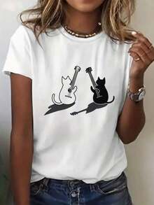 1 Piece, Women's 180g T-Shirt With Fashion Graphic Print - Casual Short Sleeve Crew Neck T-Shirt - Lightweight And Breathable For All Seasons, Polyester Crew Neck 100% Cotton Soft Fabric Short Sleeve - 白色 - 查看 1