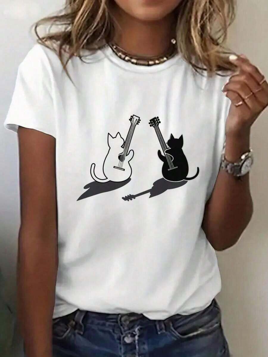 1 Piece, Women's 180g T-Shirt With Fashion Graphic Print - Casual Short Sleeve Crew Neck T-Shirt - Lightweight And Breathable For All Seasons, Polyester Crew Neck 100% Cotton Soft Fabric Short Sleeve - 白色 - 查看 1