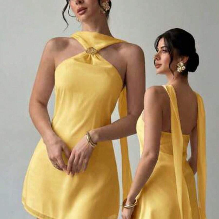 Elegante y delicado vestido camisero con decoración metálica y espalda descubierta, ropa de verano, ropa de playa, ropa de resort, ropa de resort bohemia y tropical, atuendo para conciertos, fiestas rave, festivales de música country, elegante atuendo para citas nocturnas, vestido de verano para mujer, vestido para té de la tarde, vestido blanco de graduación, atuendo de celebración para festivales de música, vestido con espalda descubierta - Amarillo - Ver 1