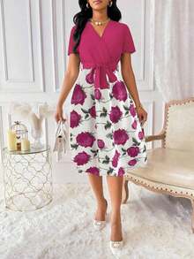 Vestido de mujer con cuello en V y cinturón, manga corta, vestido largo de verano para mujer - Rosa Fucsia - Ver 4