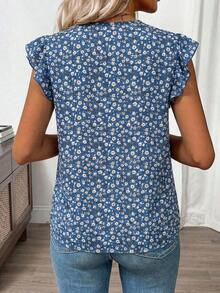 Clasi Blusa de mujer de verano con cuello en V y mangas cortas con estampado floral - Azul - Ver 8